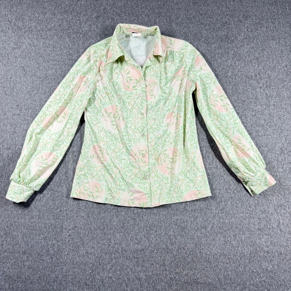 Vintage Nikki 70s Pink Green Botanical Print Polyester Button Up Blouse Size 10
